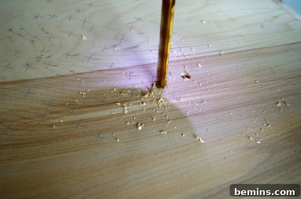 How to Design Your Own Dazzling Light-Up Sign 6 A hand carefully drilling a hole into the plywood, preparing it for the lights.