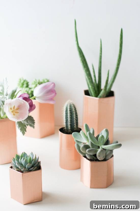 Golden Thanksgiving: 13 DIY Decor Ideas in Gold & Copper 5 Pink plants growing in stylish copper geometric planters.