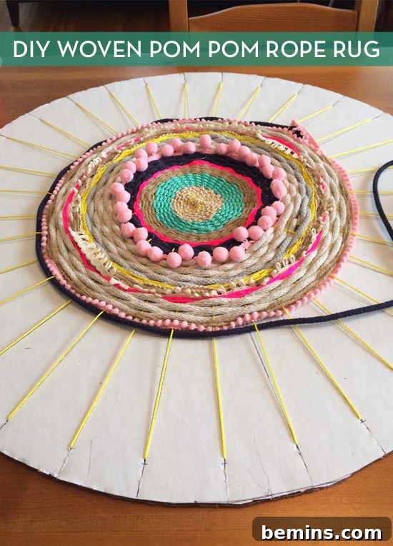 Cardboard Loom Rug Weaving: A DIY Guide 2 DIY Woven Pom Pom Rope Rug