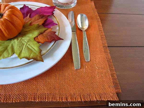 Stylish Thanksgiving Table: 20 DIY Textile Ideas 14 Plastic Leaves and Pumpkin on Plate