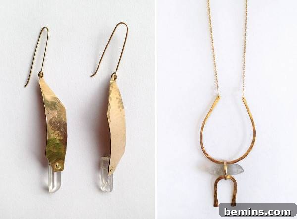 A pair of fishing lure earrings and a pendant. Crystal and brass jewelry from Delirious Jewelry.