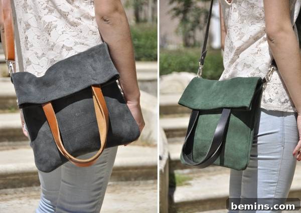 A woman wears a black and a green suede tote bag with a fold-down top. Stylish leather tote bag from Santi Leather.