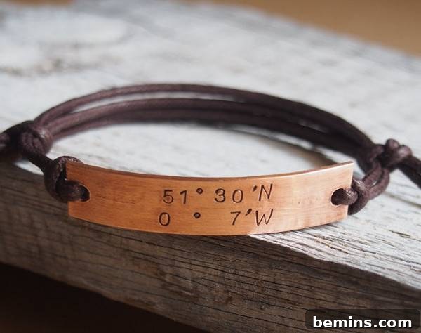 A wooden bracelet. Coordinates Bracelet from StampedBracelet.