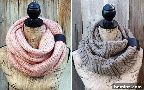 Two mannequins showcasing knit infinity scarves from Uptown Girl. Handmade infinity scarf for a warm and stylish winter.