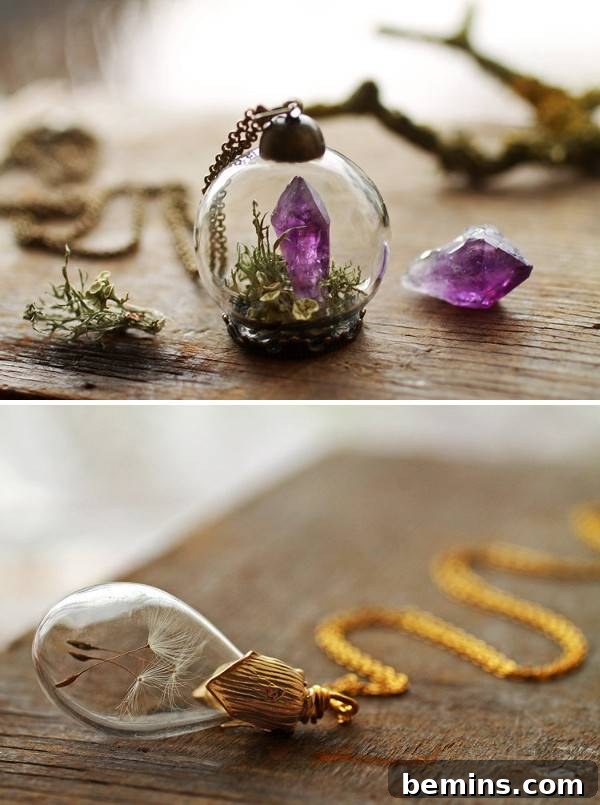 Glass pendant with purple crystal and greenery within. Botanical jewelry from Ruby Robin Boutique.