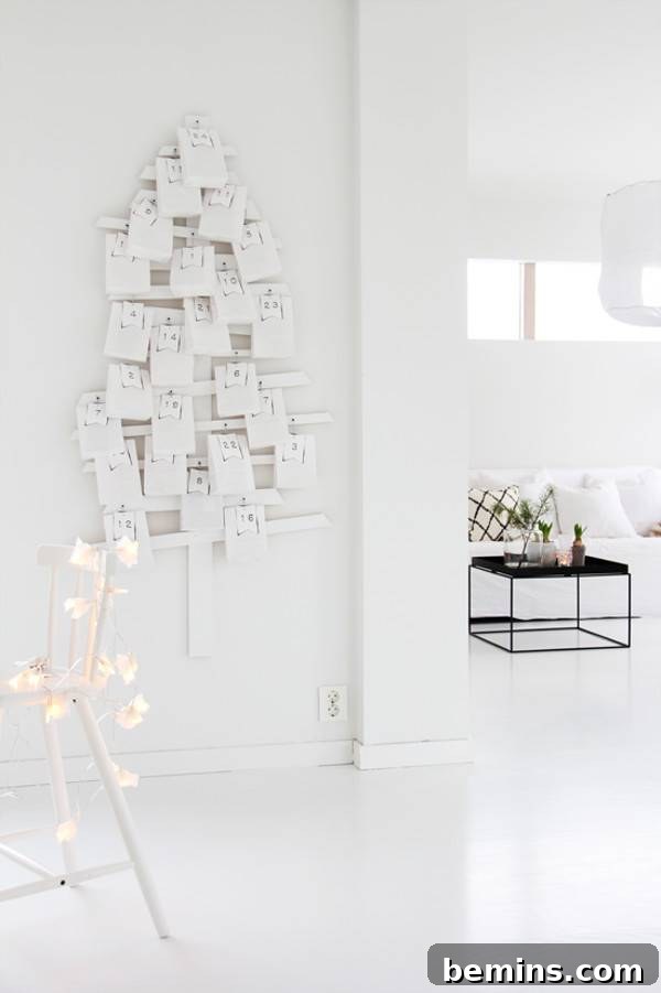 White wooden advent calendar on wall near side table in living room.