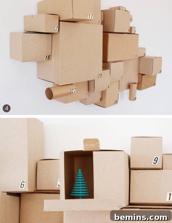 63 Creative DIY Advent Calendars to Spark Holiday Joy 33 Large group of cardboard boxes and cylinders with one containing a Christmas tree decoration.