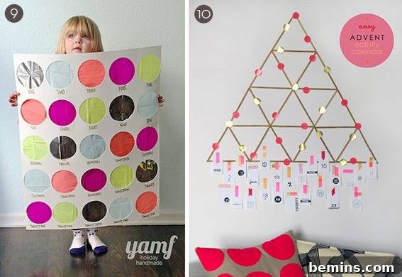 63 Creative DIY Advent Calendars to Spark Holiday Joy 37 A little blonde girl holding a large poster board with colored circles on it and a triangle with six triangles inside of it with pink circles on it on a wall above a grey pillow with big red circles on it.