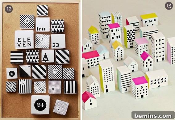 63 Creative DIY Advent Calendars to Spark Holiday Joy 39 Black and white decorated boxes sit among each other.