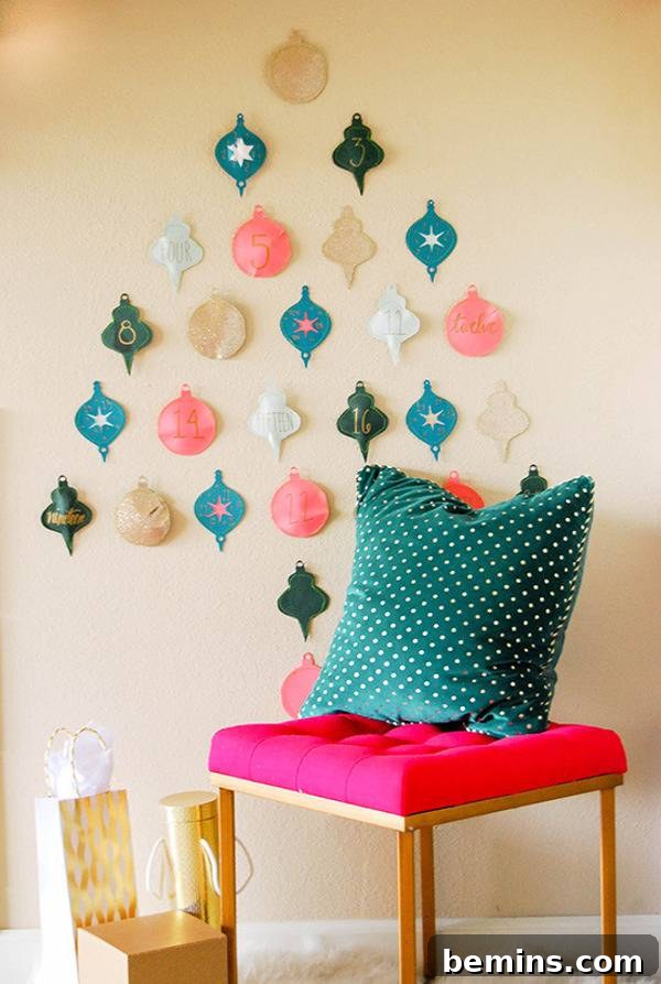 A colorful Christmas tree is made up on the wall.