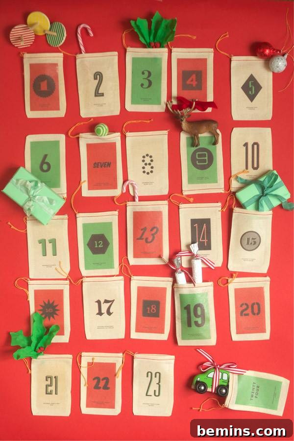 A holiday calendar has been made on a large piece of poster board with attached pockets to hide things in for every day of the month of December.
