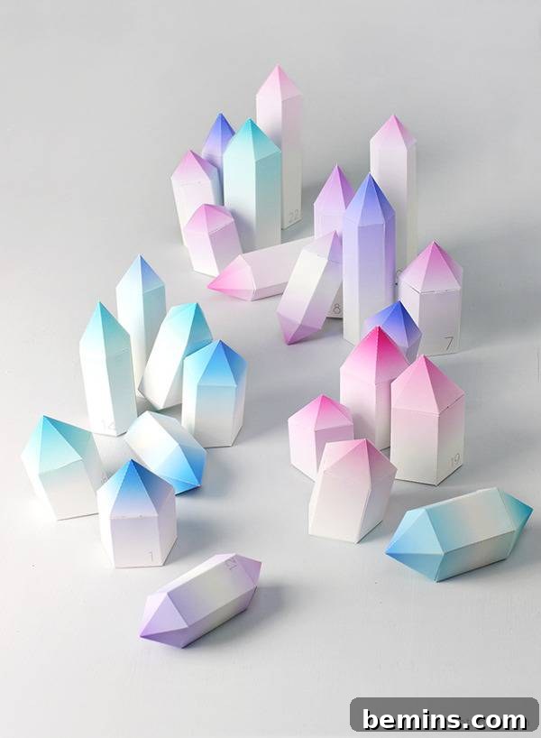 Many crystal shaped white and blue, white and pink, white and purple and white and green pieces.