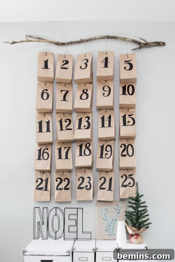 advent calendar - hanging branch and paper
