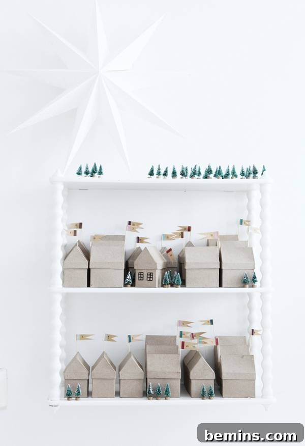 Natural colored small buildings for a Holiday village in a white box.