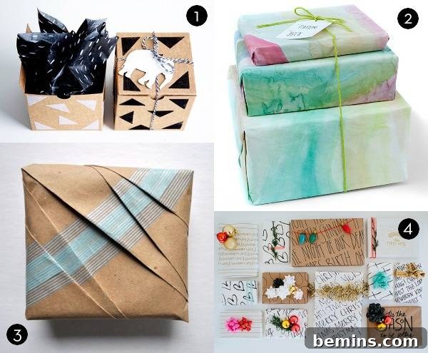 Unique gift box decorating ideas including flocked gift boxes, watercolor gift wrap, washi tape and origami wrap, and hand-drawn wrapping paper.