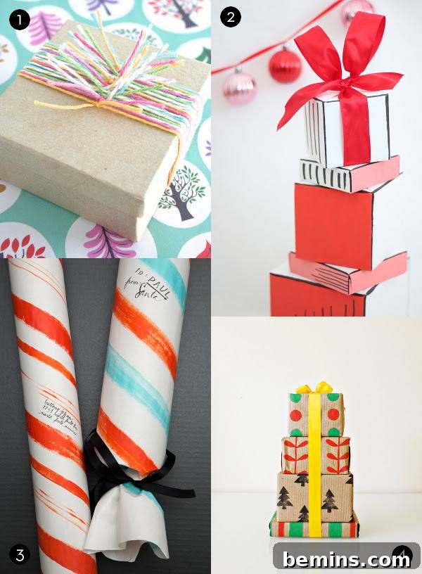 A variety of creatively wrapped gifts, including colorful string knots, Dr. Seuss-inspired designs, candy cane patterns, and hand-printed wrapping paper.