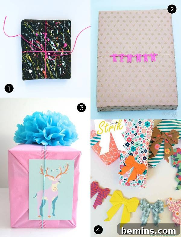 Gift wrapping ideas including paint splatter designs, name banner toppers, tissue paper pom pom toppers, and origami bows.