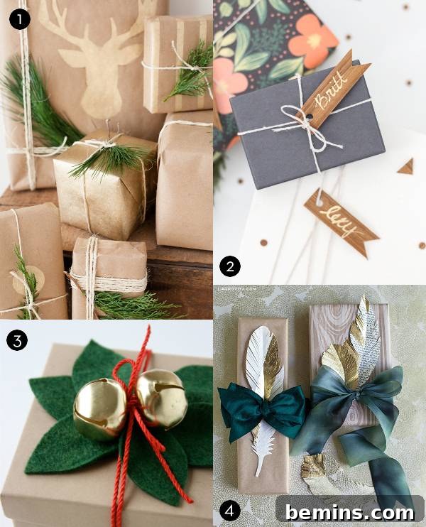A collage of Christmas presents showcasing gold stenciled gift wrap, wood veneer gift tags, felt mistletoe with jingle bells, and paper feather toppers.