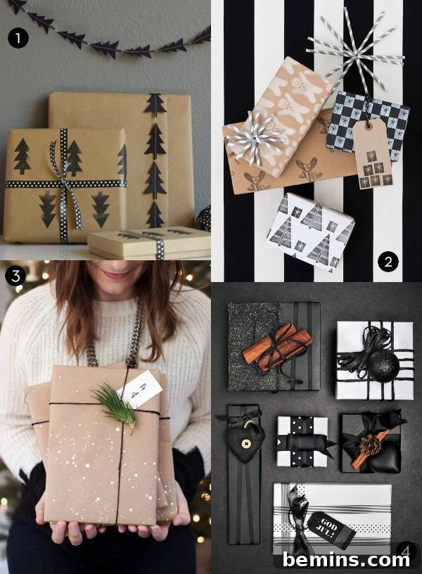 Gift wrapping examples including stamped paper with tree garland, stamped gift wrap with paper straw toppers, paint splatter paper with air plant toppers, and black and white with cinnamon sticks.