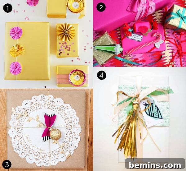 Various decorative gift wrapping ideas including foil cupcake liner toppers, bold and bright palettes, doily and mini bows, and party tassel toppers.