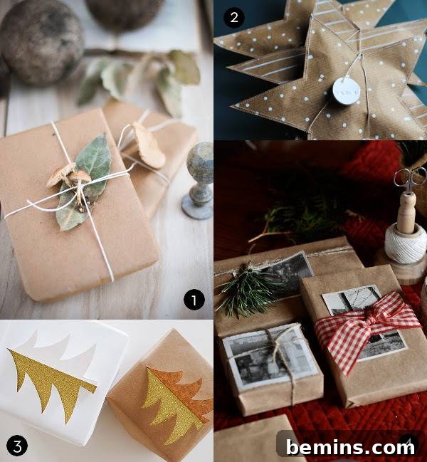 Christmas gifts wrapped with bows and string, featuring a simple mushroom topper, star pouches with salt dough tags, metallic folded tree cutouts, and vintage holiday photos.