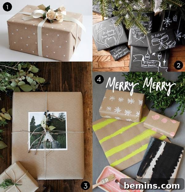 Gift wrapping inspiration including polka dot gift wrap, chalkboard-style packaging, photos and twine, and painted paper designs.