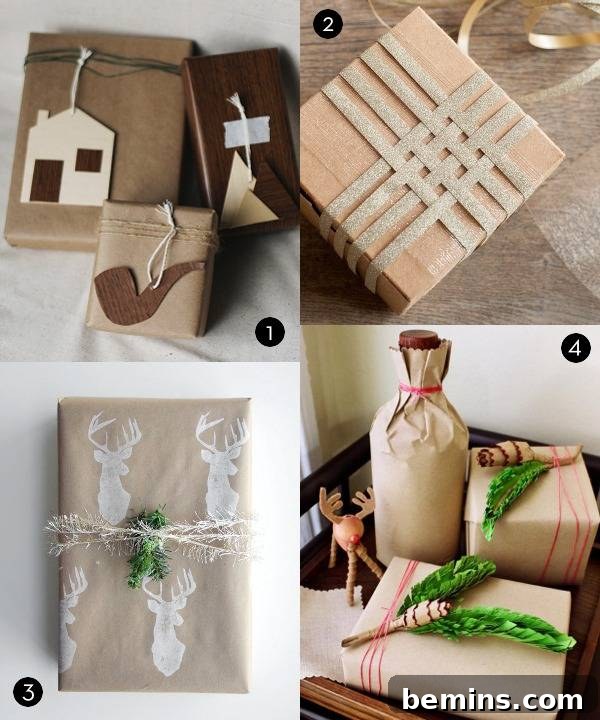Gift wrapping ideas featuring wood gift tags, woven ribbon toppers, homemade stamp gift wrap, and paper pine cones and branches.