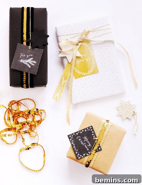 Presents wrapped with free printable Christmas gift tags sit on a white surface.