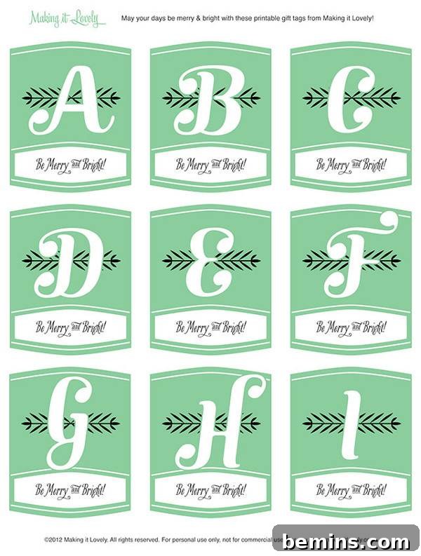 Letters of the alphabet on green cards, free printable Christmas gift tags.