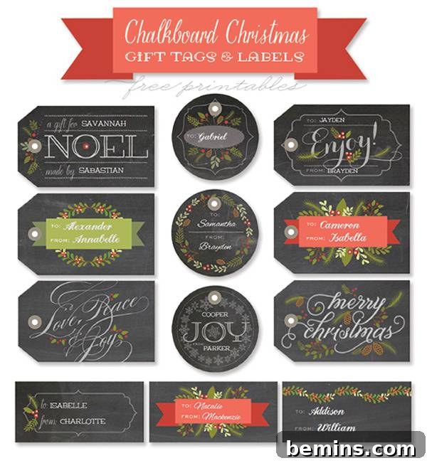 Twelve different free printable Christmas gift tags.