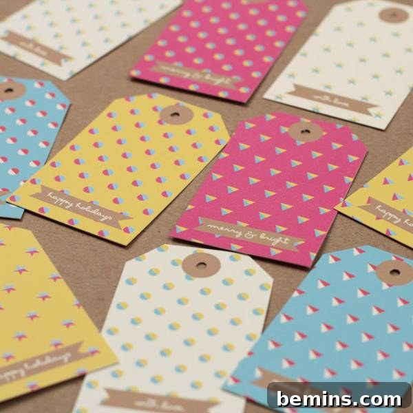 Christmas-themed, holiday free printable Christmas gift tags in various colors/patterns assembled.