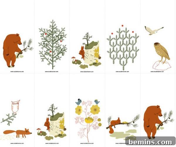 Bear holding a branch near a tree with other forest animals looking on, printed on free printable Christmas gift tags.