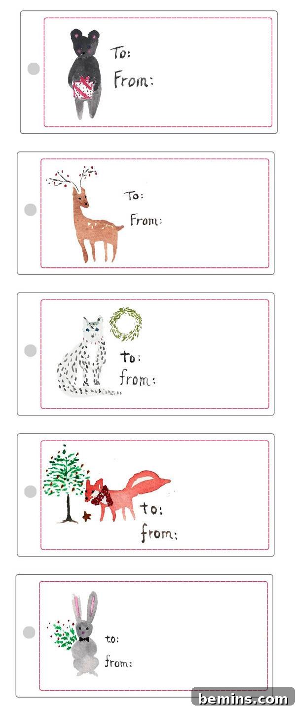 Free printable Christmas gift tags with animals on them, one bear, on reindeer, one snow leopard, one fox, and one bunny.