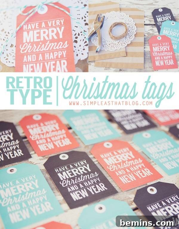 Hand made free printable Christmas gift tags lined up on table.