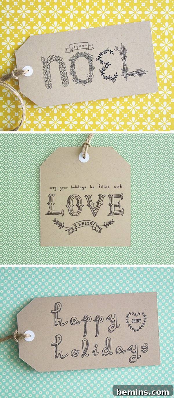 Three brown free printable Christmas gift tags on different colored backgrounds.