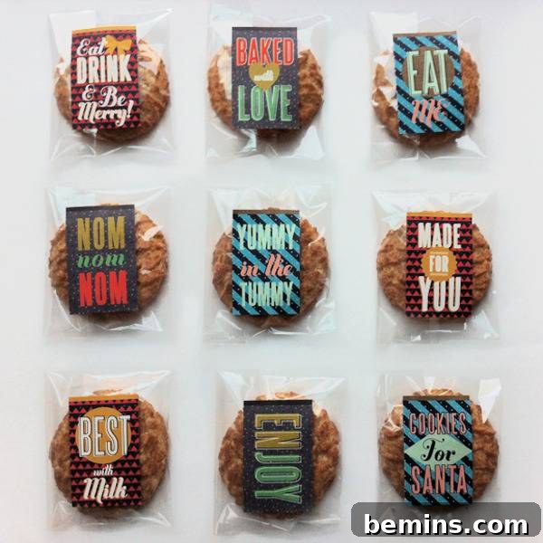 Individually wrapped cookies with sayings on them, tagged with free printable Christmas gift tags.