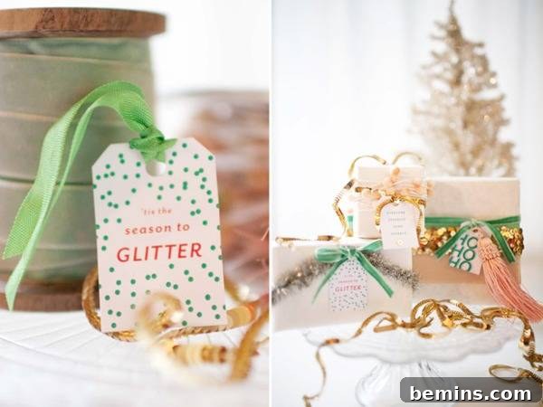 Gifts wrapped with hand made ribbons and free printable Christmas gift tags near white Christmas tree.