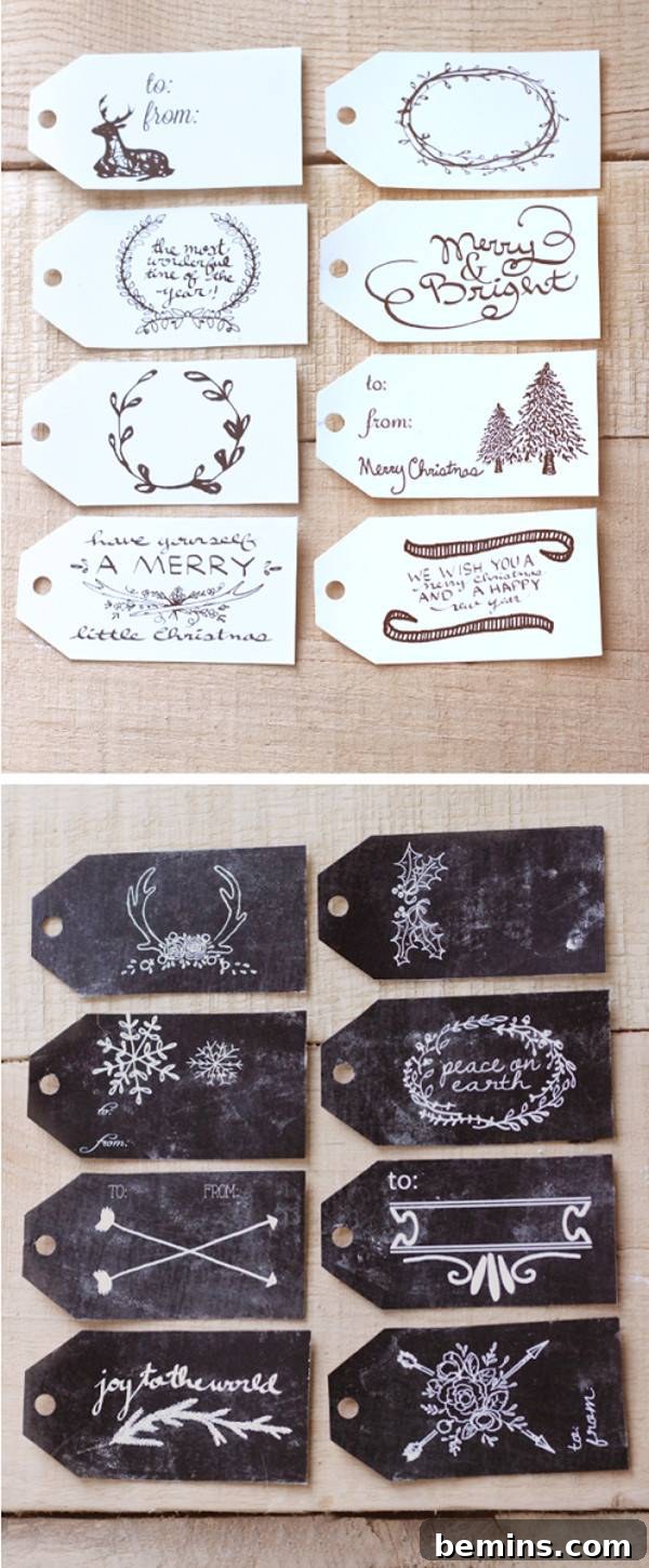 Decorative free printable Christmas gift tags in black and white.