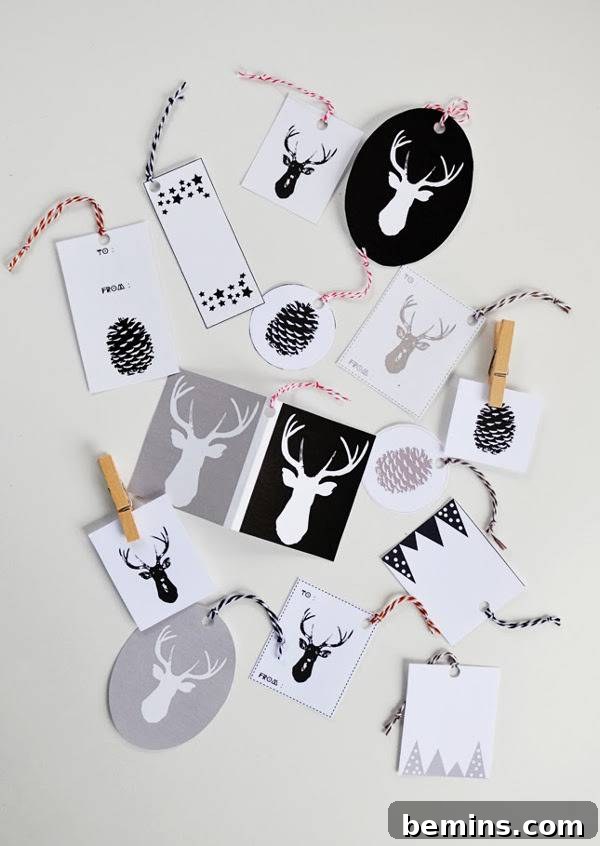 Holiday free printable Christmas gift tags featuring images of deer and pinecones.
