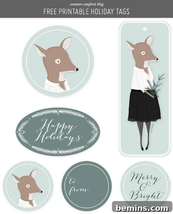Holiday free printable Christmas gift tags, some with a deer on them.