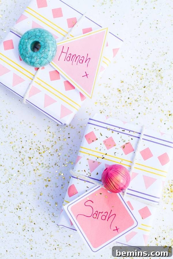 Two boxes covered in printable wrapping paper.