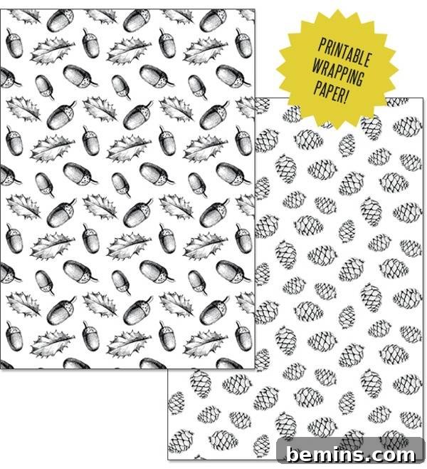 Wrapping paper samples with a design of falling leaves, acorns and pinecones, in black and white coloring.
