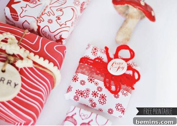 Small Christmas presents wrapped in red and white woodland-themed wrapping paper.