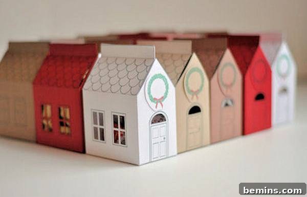 A bunch of cardboard boxes are shaped like houses.