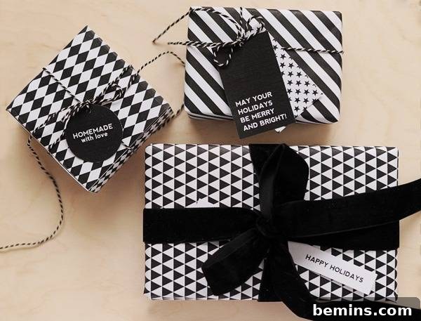 Gift boxes wrapped in bold, graphic wrapping paper with matching tags.