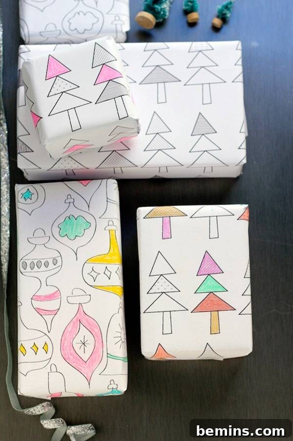 Boxes covered in vintage-style Christmas tree and ornament drawings.