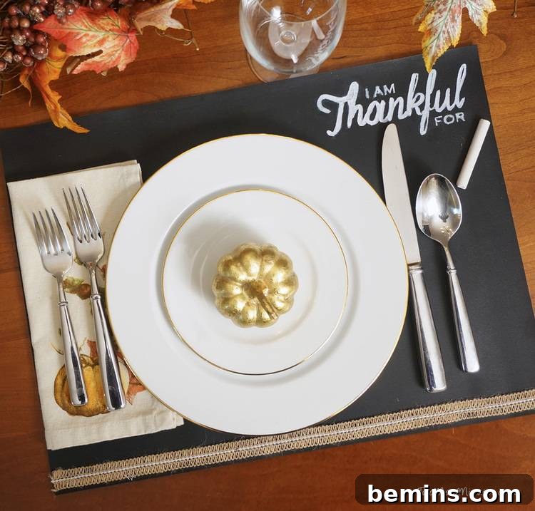 Quick & Easy Thanksgiving Table: 13 DIY Ideas Under an Hour 13 DIY Thanksgiving chalkboard placemats on a table.