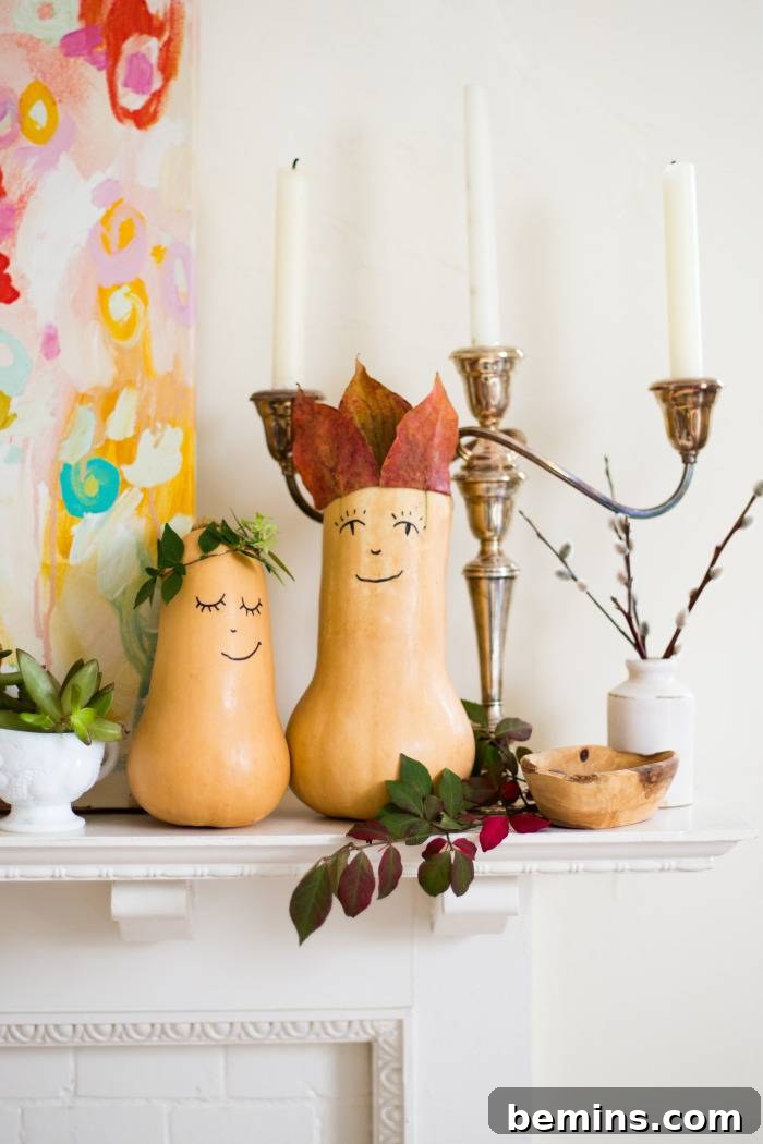 Quick & Easy Thanksgiving Table: 13 DIY Ideas Under an Hour 6 Butternut squash decorations with smiley faces drawn on them.