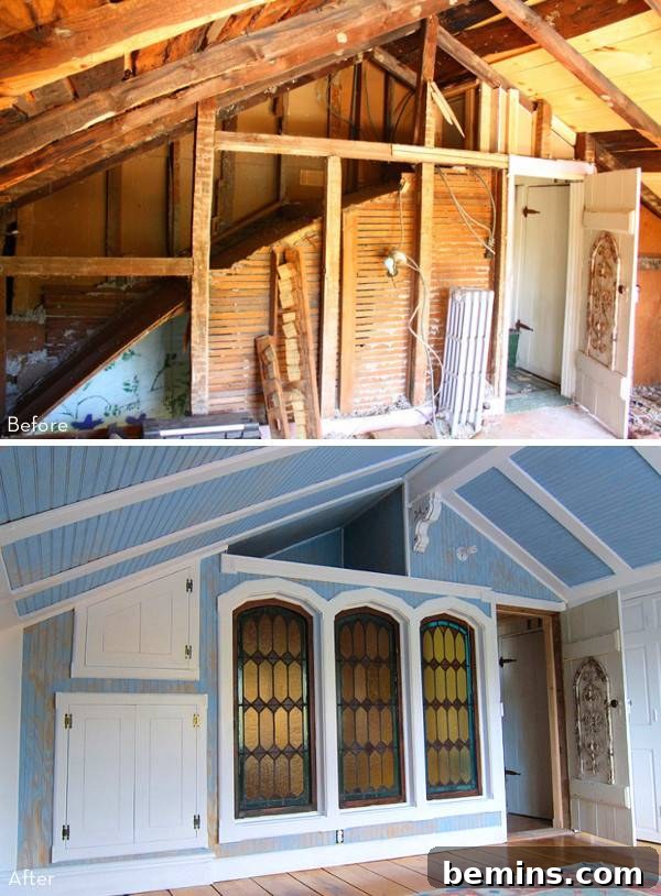 The interior of a room under contruction with bare bones and a room finished with a blue roof and white accents around three arched windows.