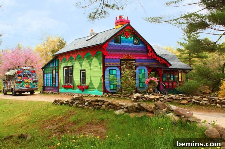 A colorful bus sits on the left of a colorful house.